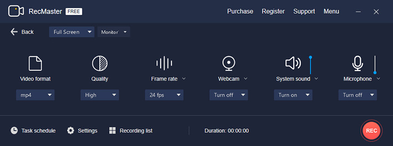 Full screen recording settings