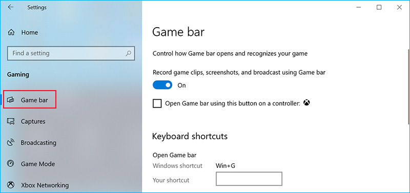 Windows 10 Game Bar Settings