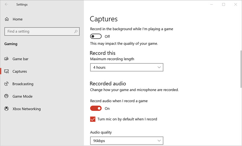 Game Bar Windows 10 Capture Settings