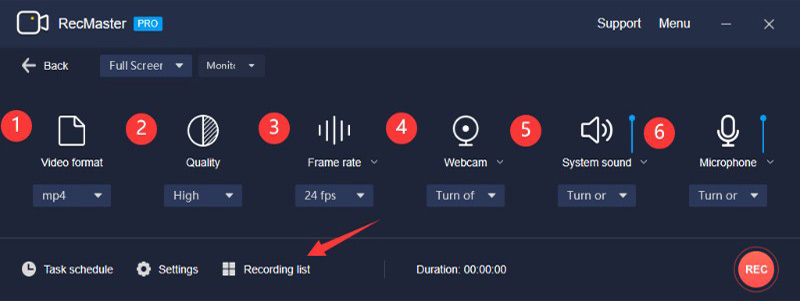 Setting Panel of RecMaster’s Full-Screen Mode