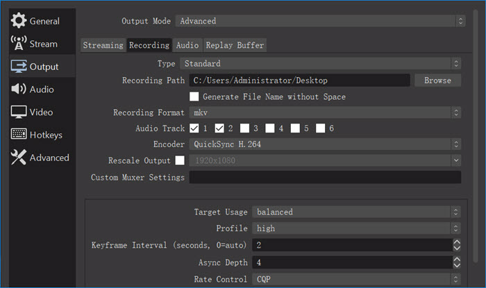 obs output settings for advanced recording