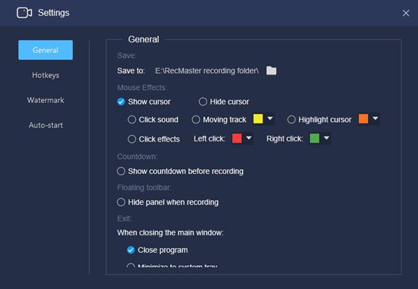 RecMaster’s General Setting Panel