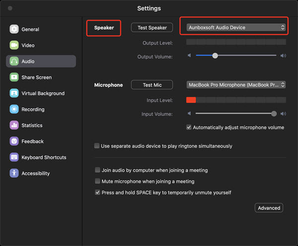 Select Auntbox Audio Driver In Recording Zoom Meetings On Mac