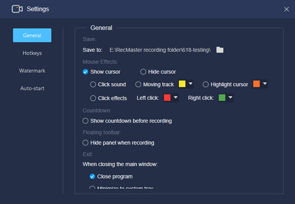 RecMaster’s Setting Panel