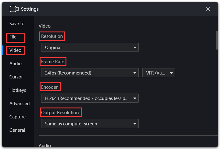RecMaster video settings