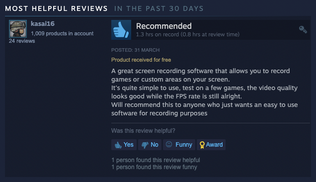 RecMaster Five Star Review on Steam Store